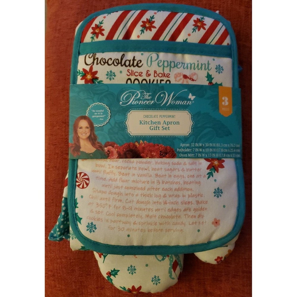 New! Pioneer Woman‎ Christmas Kitchen Apron 3-pc Gift Set Oven Mitt Potholder